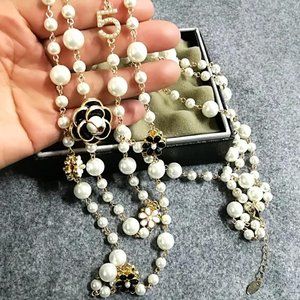 Chanel Long Necklace Pearls  Necklace Long Luxury Camellia - Luxury Pearl  Sweater - Aliexpress